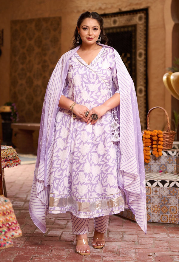 Plus Size Light Lavender Jaipuri Anarkali Kurta Pant Set with Dupatta