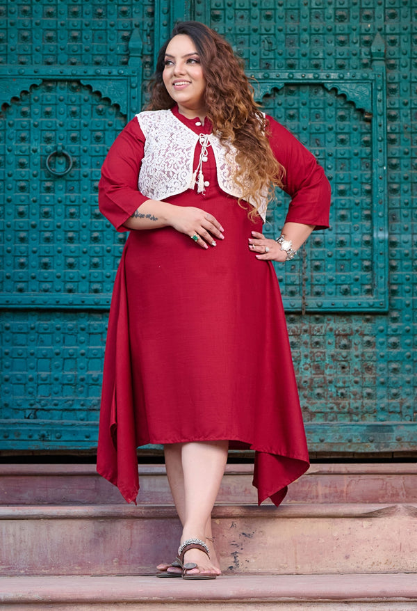 Plus Size Blush Maroon Crochet Jacket Square Cut Dress