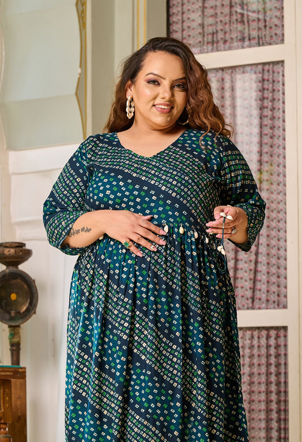 Plus Size Teal Blue Bandhani Angrakha Rayon Midi Dress