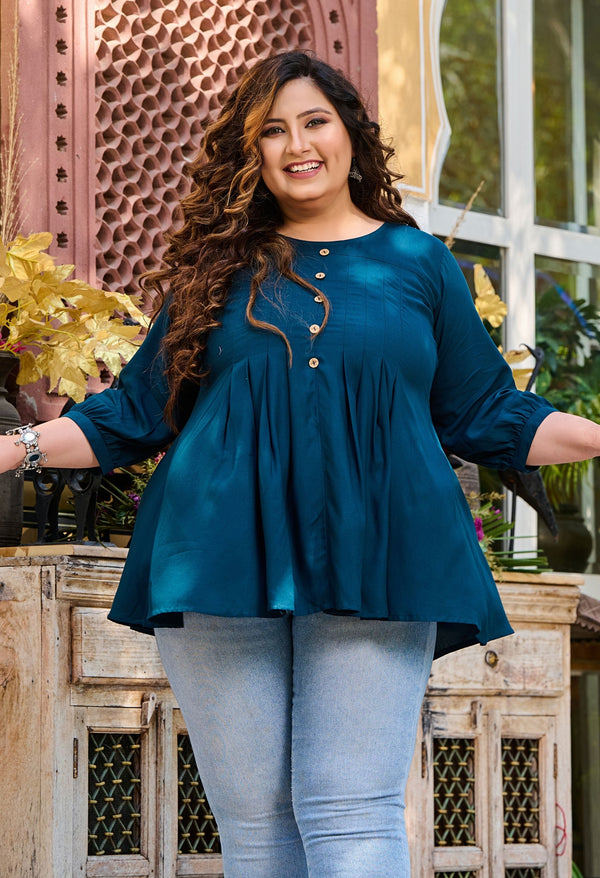 Plus Size Enchanting Teal Blue Rayon Short Kurta