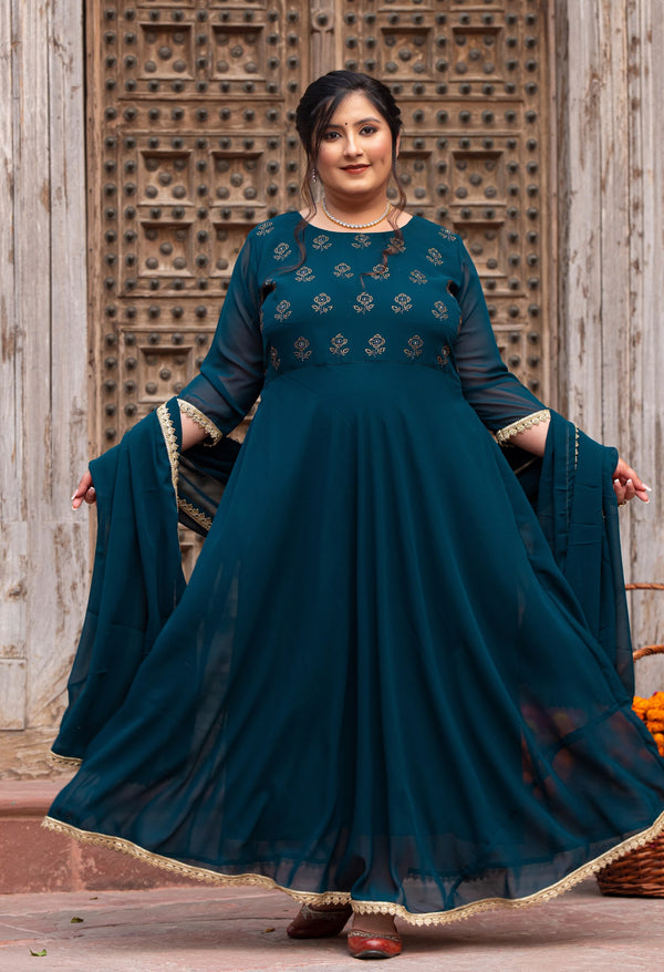 Plus Size Azure Teal Anarkali Kurta with Dupatta