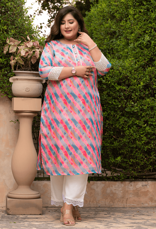 Plus Size Bright Pink Turquoise Organza Pearl Kurta