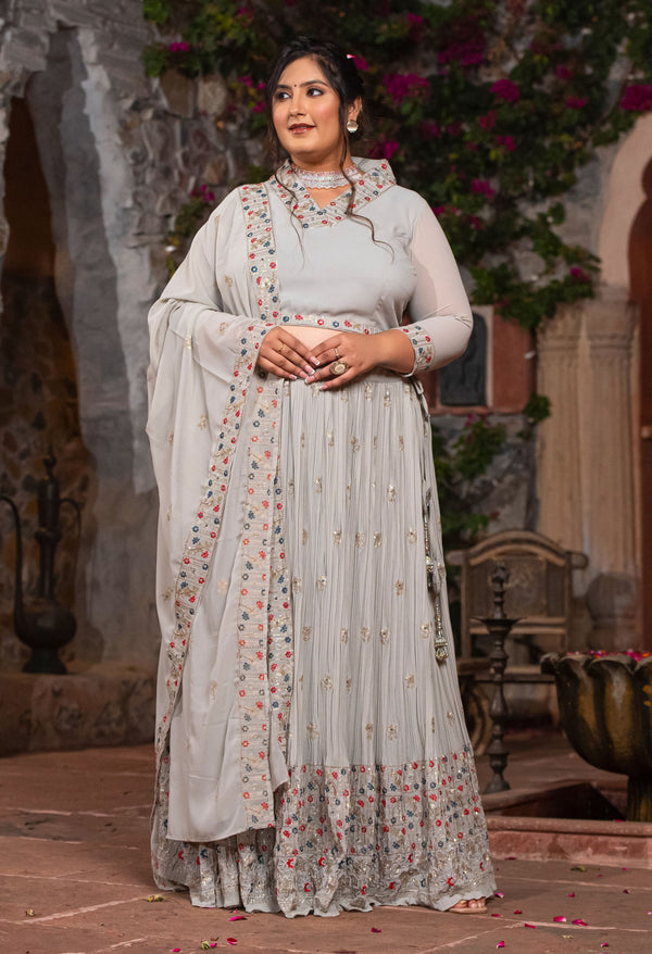 Plus Size Grey Embellished Lehenga Choli with Dupatta