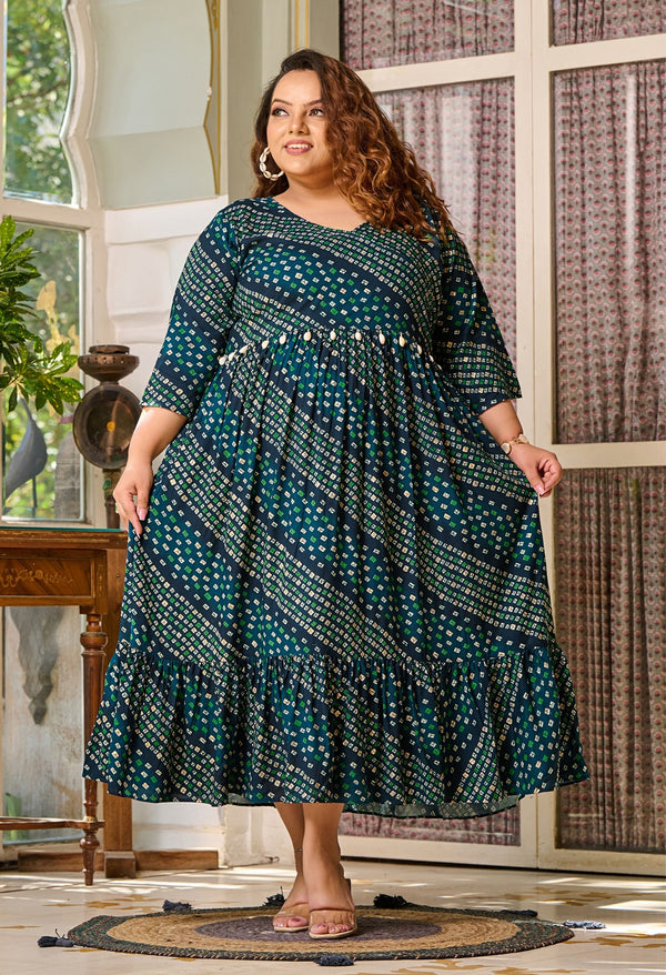 Plus Size Teal Blue Bandhani Angrakha Rayon Midi Dress