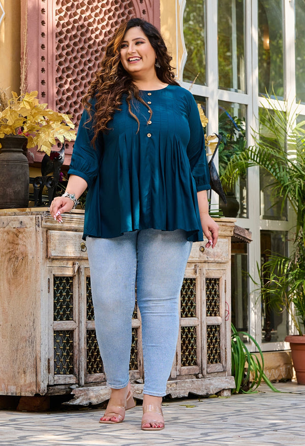 Plus Size Enchanting Teal Blue Rayon Short Kurta