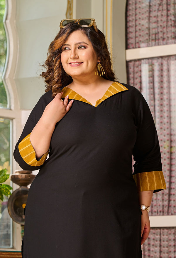 Plus Size Fresh Black Mustard Patchwork Kurta Set