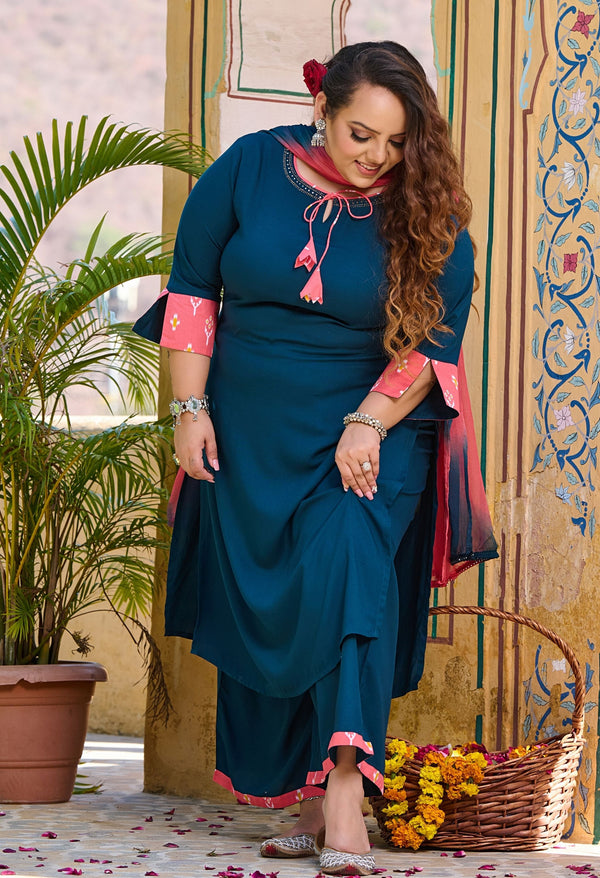 Plus Size Teal Blue Siroski Rayon Kurta Set with Double Dyed Dupatta