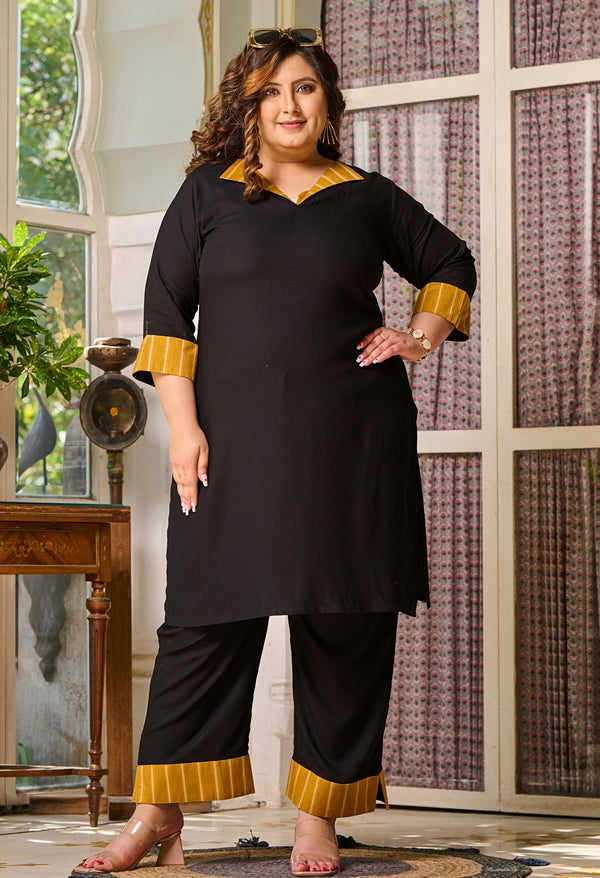 Plus Size Fresh Black Mustard Patchwork Kurta Set