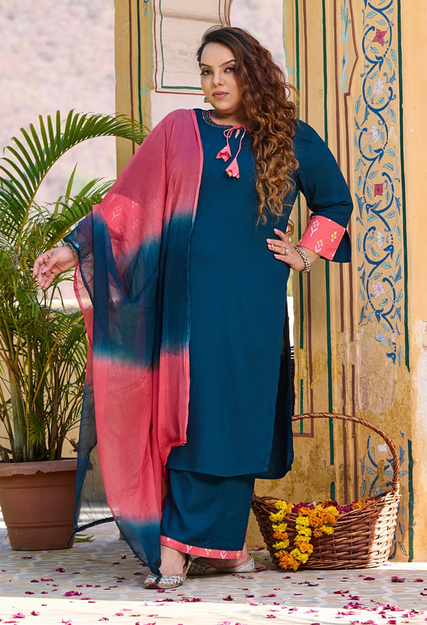 Plus Size Teal Blue Siroski Rayon Kurta Set with Double Dyed Dupatta