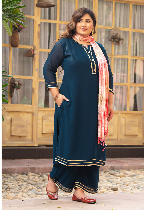 Plus Size Teal Treasure Embellished Kurta Set with Crushed Pink Dupatta