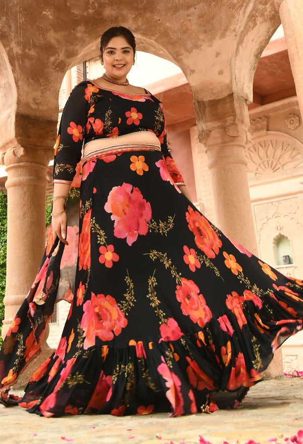 Plus Size Black Floral Pure Chinon Lehenga Choli with Dupatta