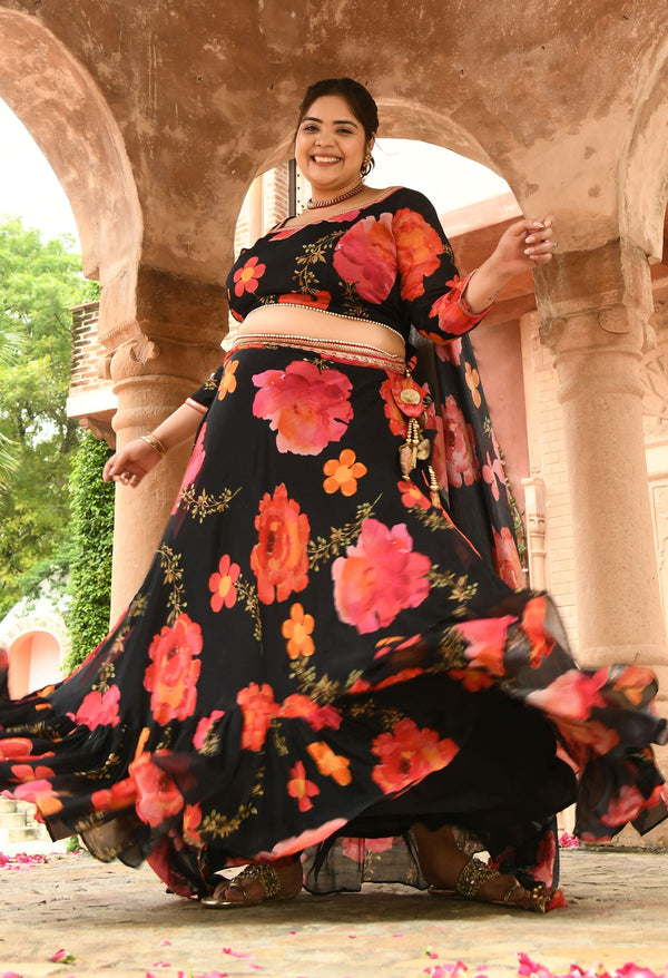 Plus Size Black Floral Pure Chinon Lehenga Choli with Dupatta