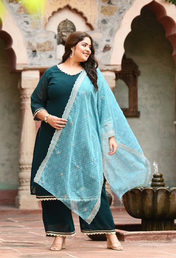 Plus Size Terrific Pearl Teal Kurta Palazzo Set with Bandhej Dupatta