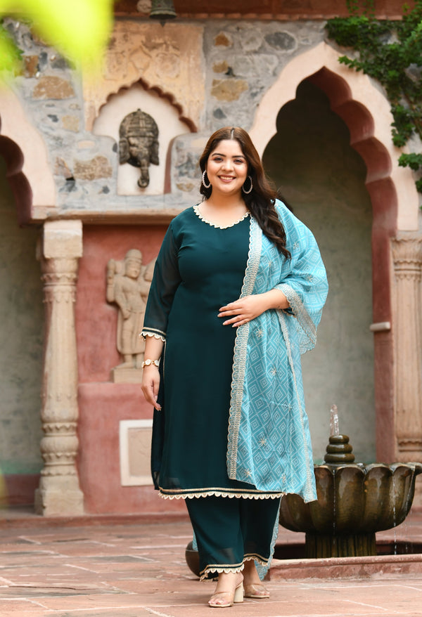 Plus Size Terrific Pearl Teal Kurta Palazzo Set with Bandhej Dupatta