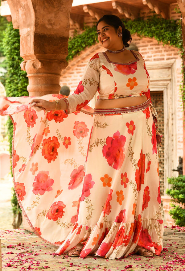 Plus Size White Floral Pure Chinon Lehenga Choli with Dupatta