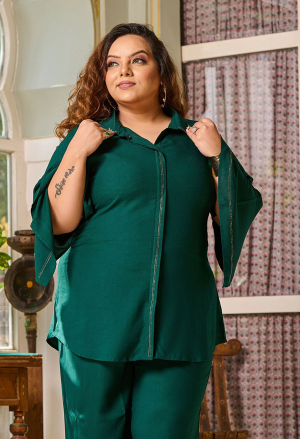 Plus Size Bottle Green Ceroski Stylish Sleeves Rayon Co-ord Set