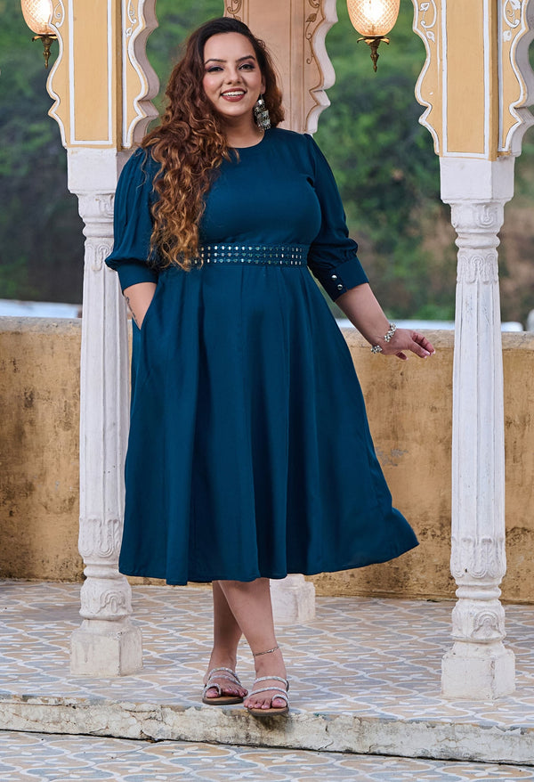 Plus Size Teal Blue Mirror Belt Rayon Dress