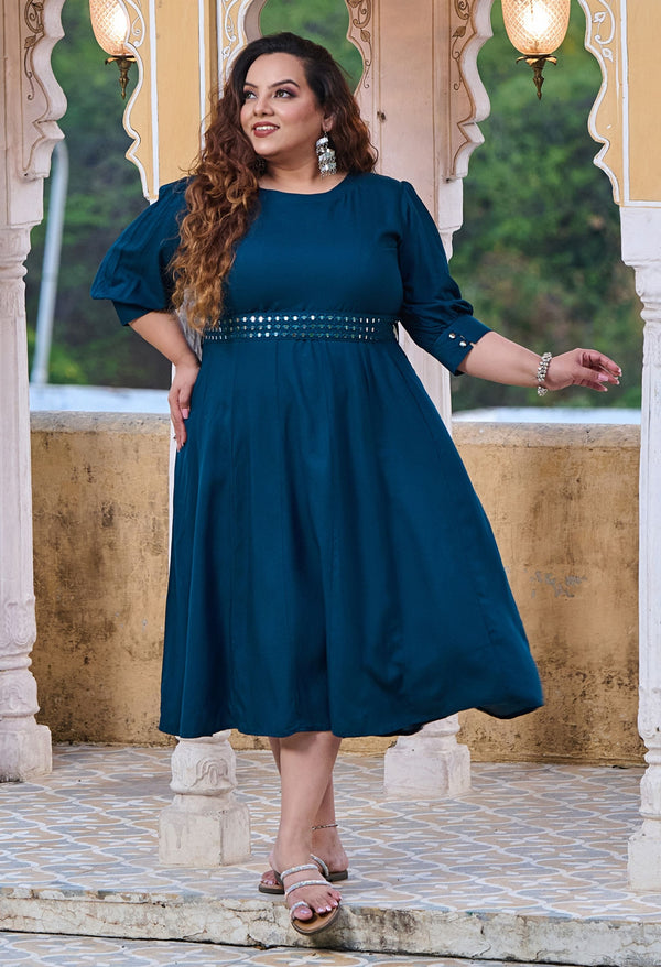 Plus Size Teal Blue Mirror Belt Rayon Dress