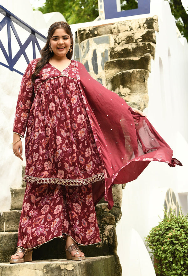 Plus Size Vintage Wine Alia Style Pure Chinon Sharara Set with Dupatta