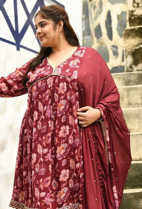 Plus Size Vintage Wine Alia Style Pure Chinon Sharara Set with Dupatta