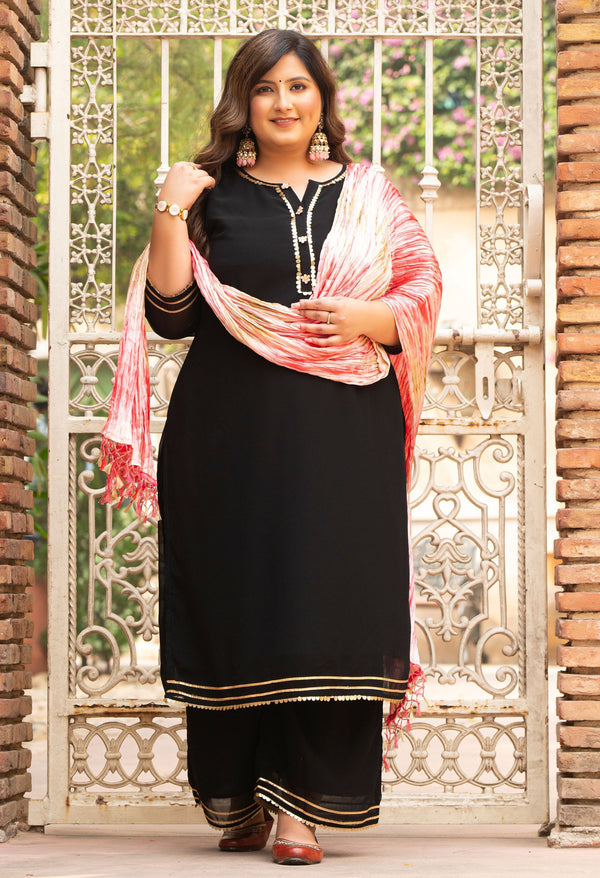 Plus Size Crystal Black Embellished Kurta Set with Crushed Pink Dupatta