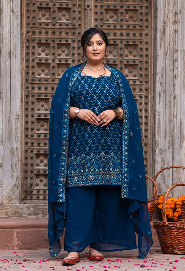 Plus Size Glorious Teal Embroidered Sharara Set with Dupatta