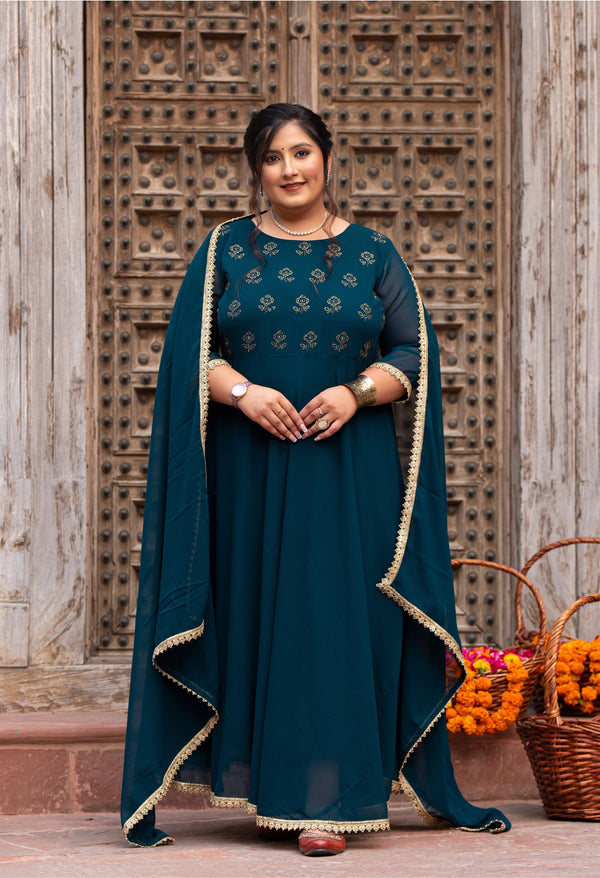 Plus Size Azure Teal Anarkali Kurta with Dupatta