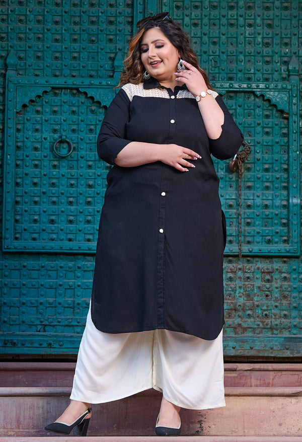 Plus Size Rich Black Crochet Rayon Kurta