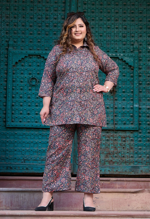 Plus Size Black Multi Printed Collared Linen Co-ord Set