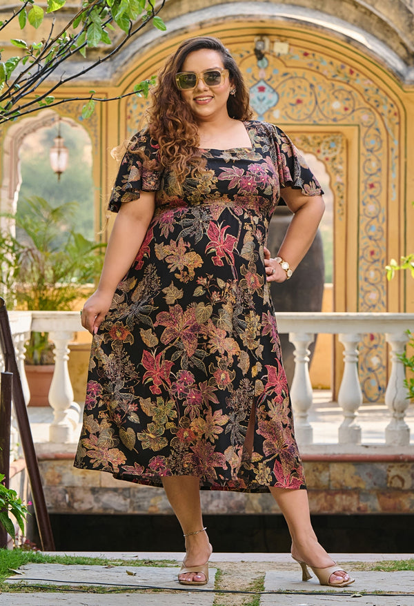 Plus Size Black Floral Foil Printed Rayon Slit Dress