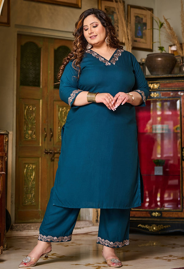 Plus Size Elegant Teal Embroidered Rayon Kurta Pant Set