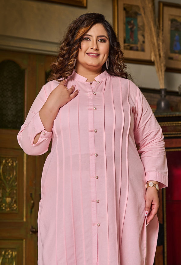 Plus Size Baby Pink Linen Pintuck Pearl Kurta