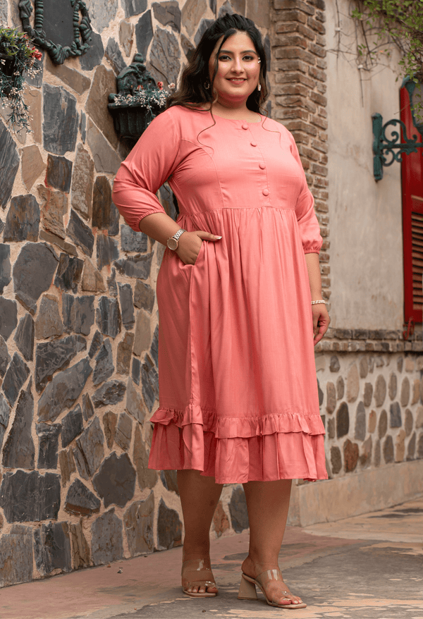 Plus Size Peach Solid Midi Dress