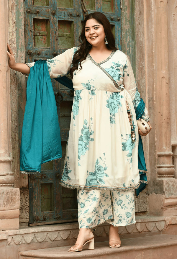 Plus Size Pure Chinon Turquoise Angrakha Sharara Set with Dupatta