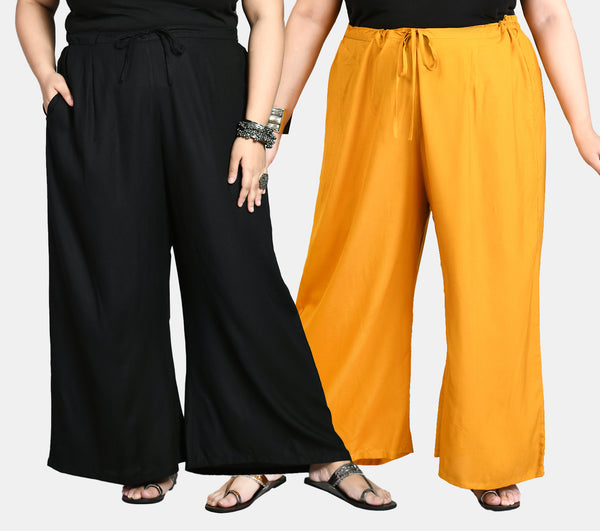 Plus Size Black & Mustard Plain Palazzos