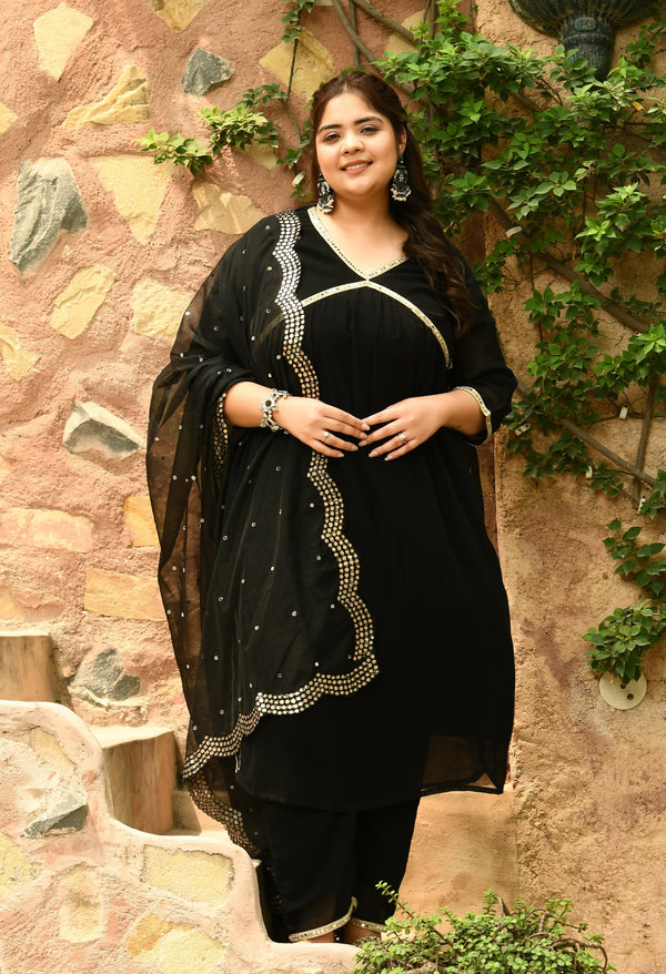 Plus Size Mirror Black Alia Kurta Set with Scalping Dupatta