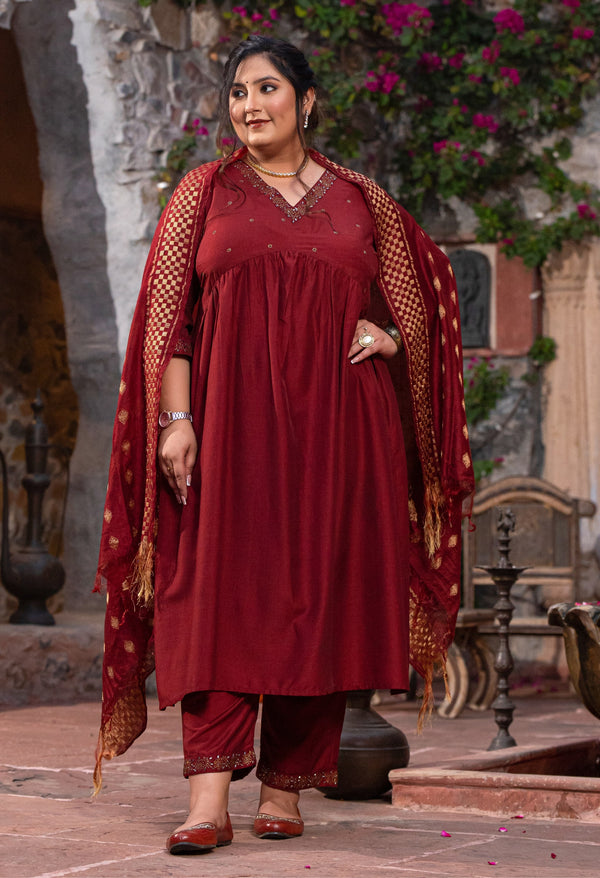 Plus Size Magnetic Maroon Cotton Silk Anarkali with Dupatta