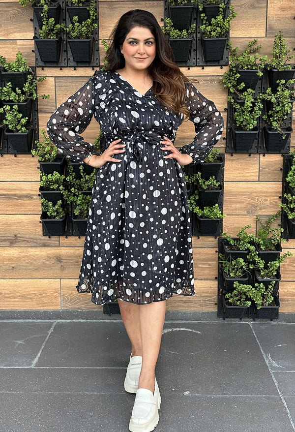 Plus Size Tailored Black Polka Georgette Dress