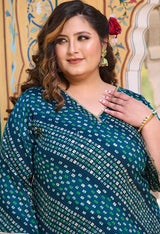 Plus Size Teal Blue Bandhani Printed Rayon Kurta Set