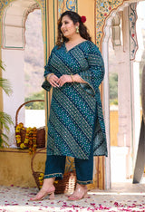 Plus Size Teal Blue Bandhani Printed Rayon Kurta Set