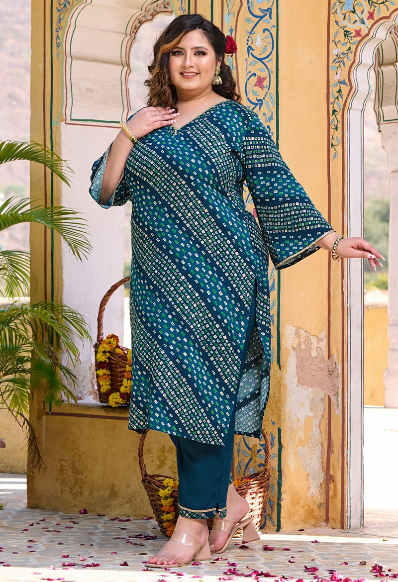 Plus Size Teal Blue Bandhani Printed Rayon Kurta Set