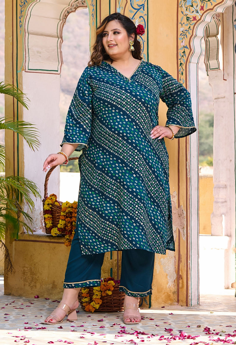 Plus Size Teal Blue Bandhani Printed Rayon Kurta Set