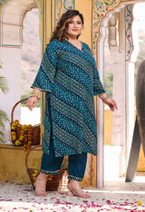 Plus Size Teal Blue Bandhani Printed Rayon Kurta Set