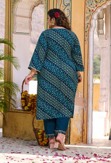 Plus Size Teal Blue Bandhani Printed Rayon Kurta Set