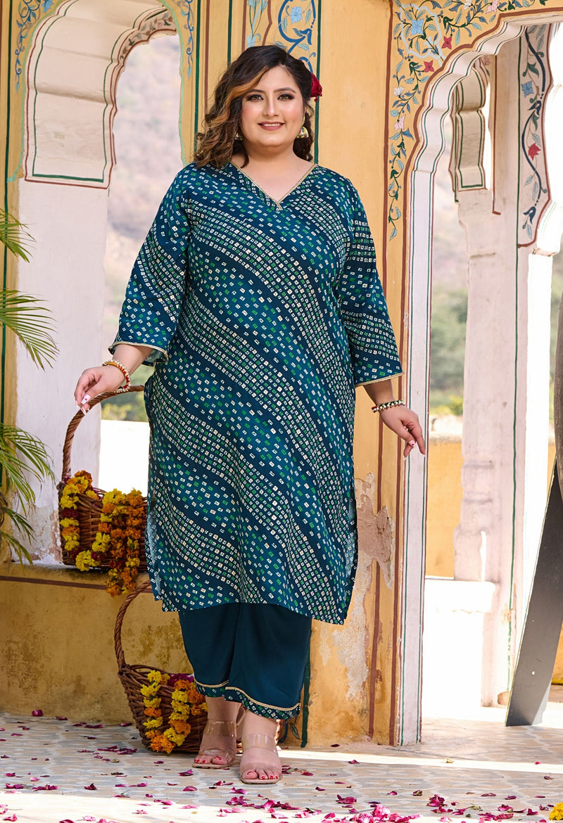 Plus Size Teal Blue Bandhani Printed Rayon Kurta Set