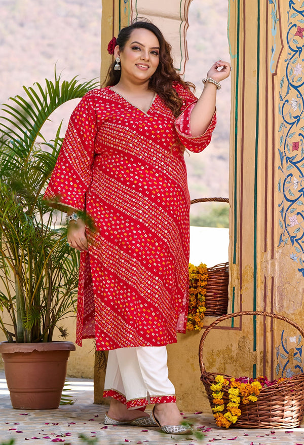 Plus Size Red Bandhani Printed Rayon Kurta Set