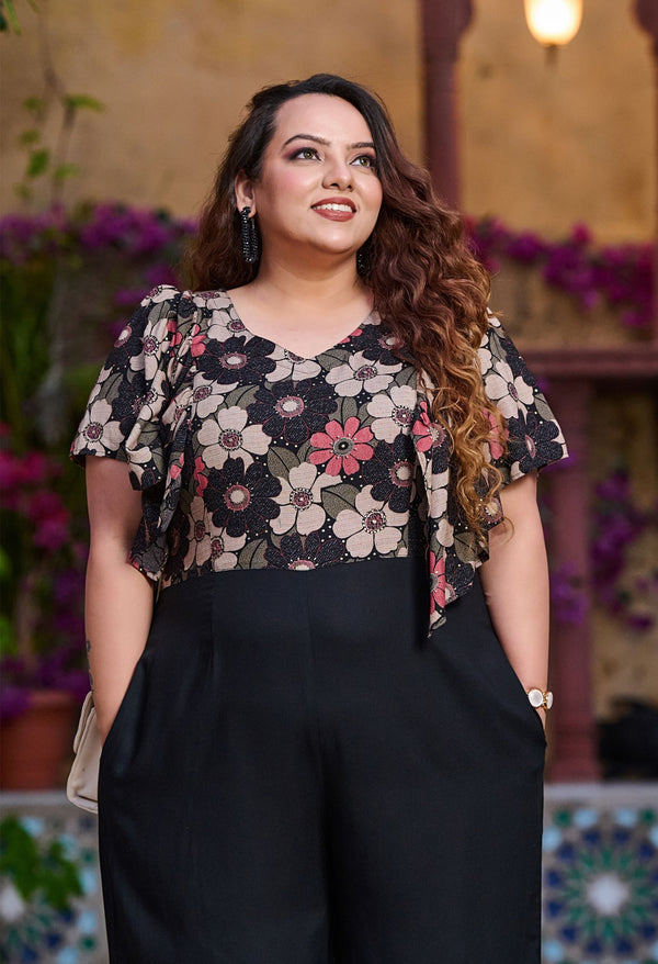 Plus Size Black Floral Flared Sleeves Rayon Jumpsuit