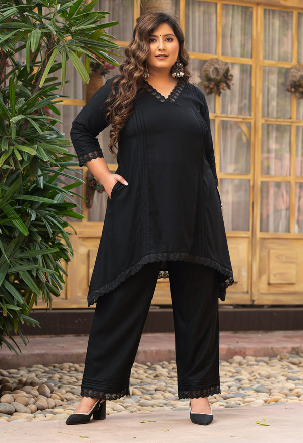 Plus Size Black Rayon Pintuck Co-ord Set