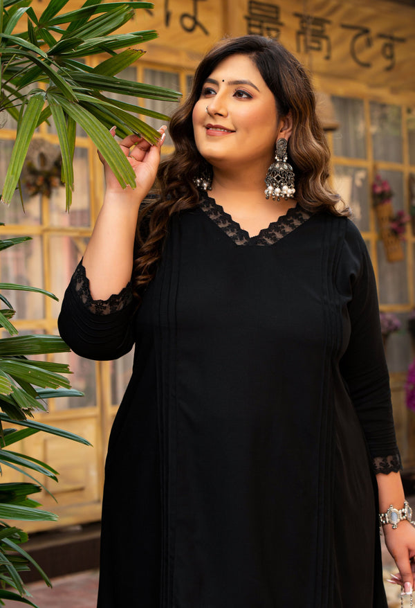 Plus Size Black Rayon Pintuck Co-ord Set