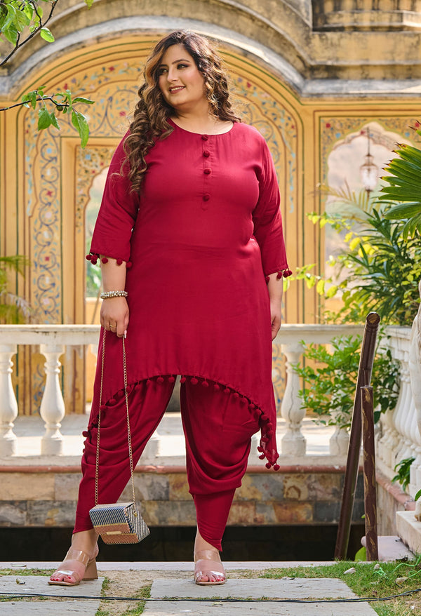 Plus Size Bright Maroon Pom Pom Dhoti Co-ord Set